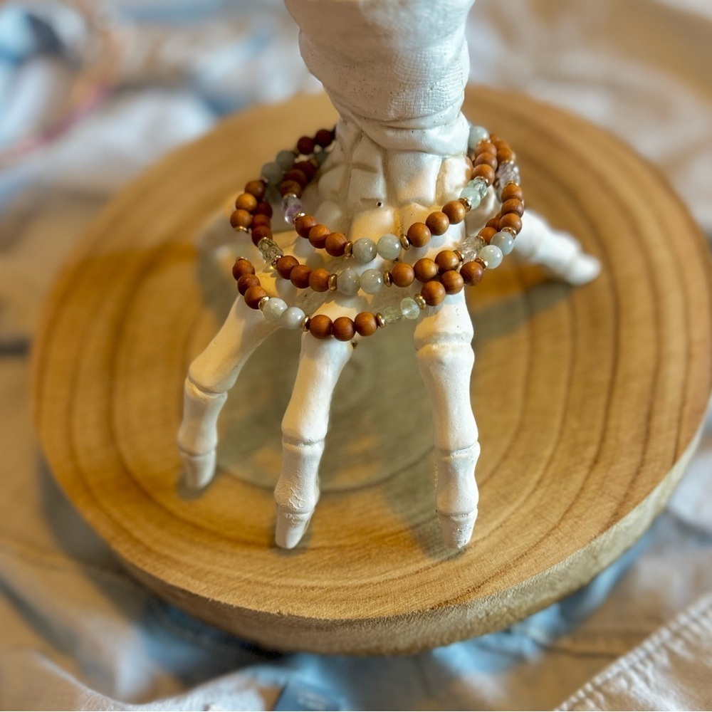Natural Wood, Quartz & Fluorite Beaded Stretchy Wrap Bracelet - Picture 2 of 4